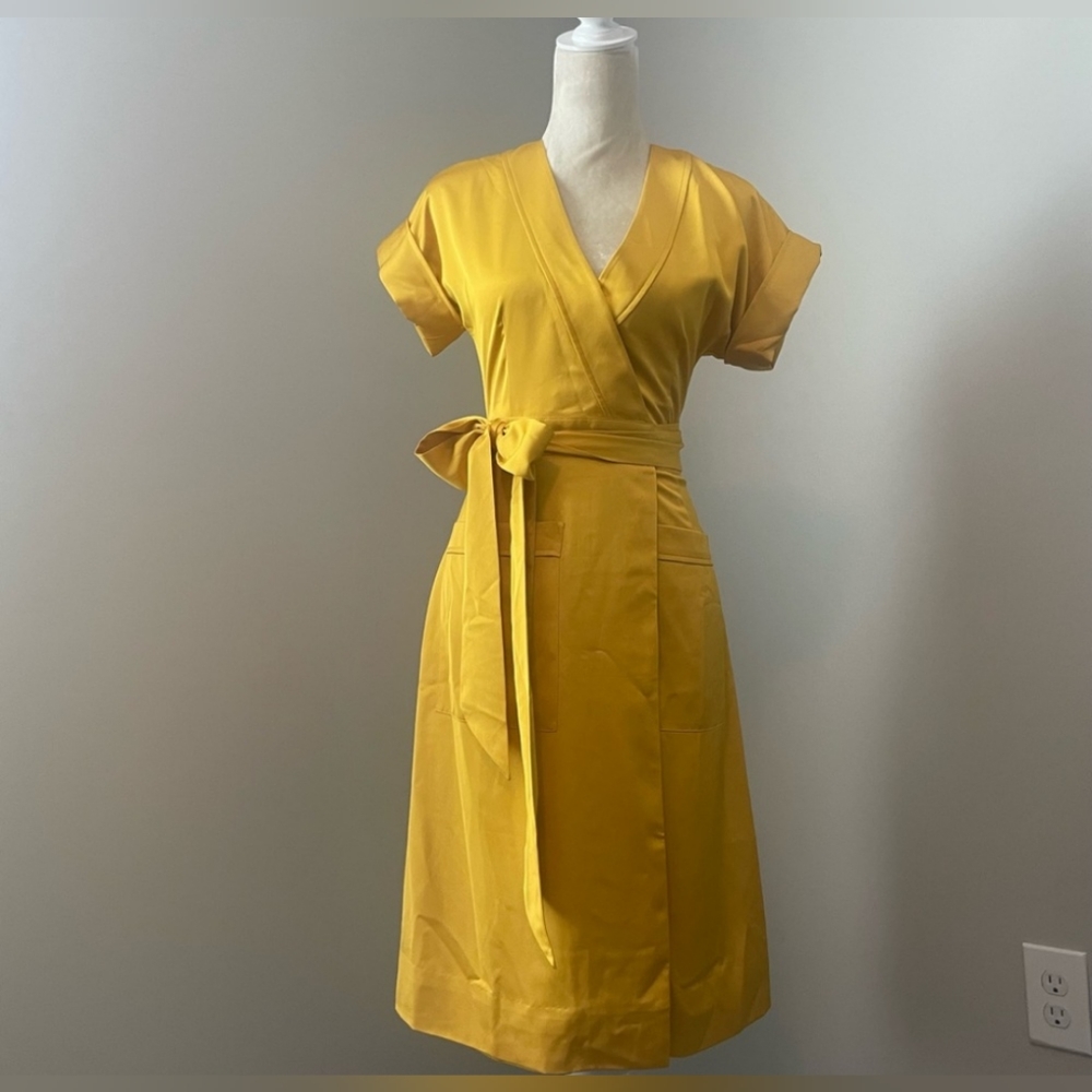 J Crew Short Sleeve Wrap Midi Dress XS Gold Yellow Satin